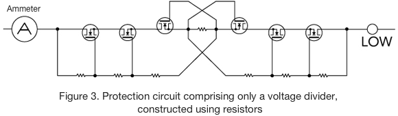 Figure 3. Protection circuit comprising only a voltage divider, constructed using resistors