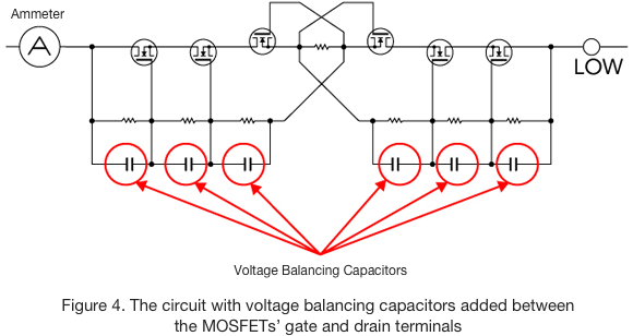 Figure 4. The circuit with voltage balancing capacitors added between the MOSFETs’ gate and drain terminals